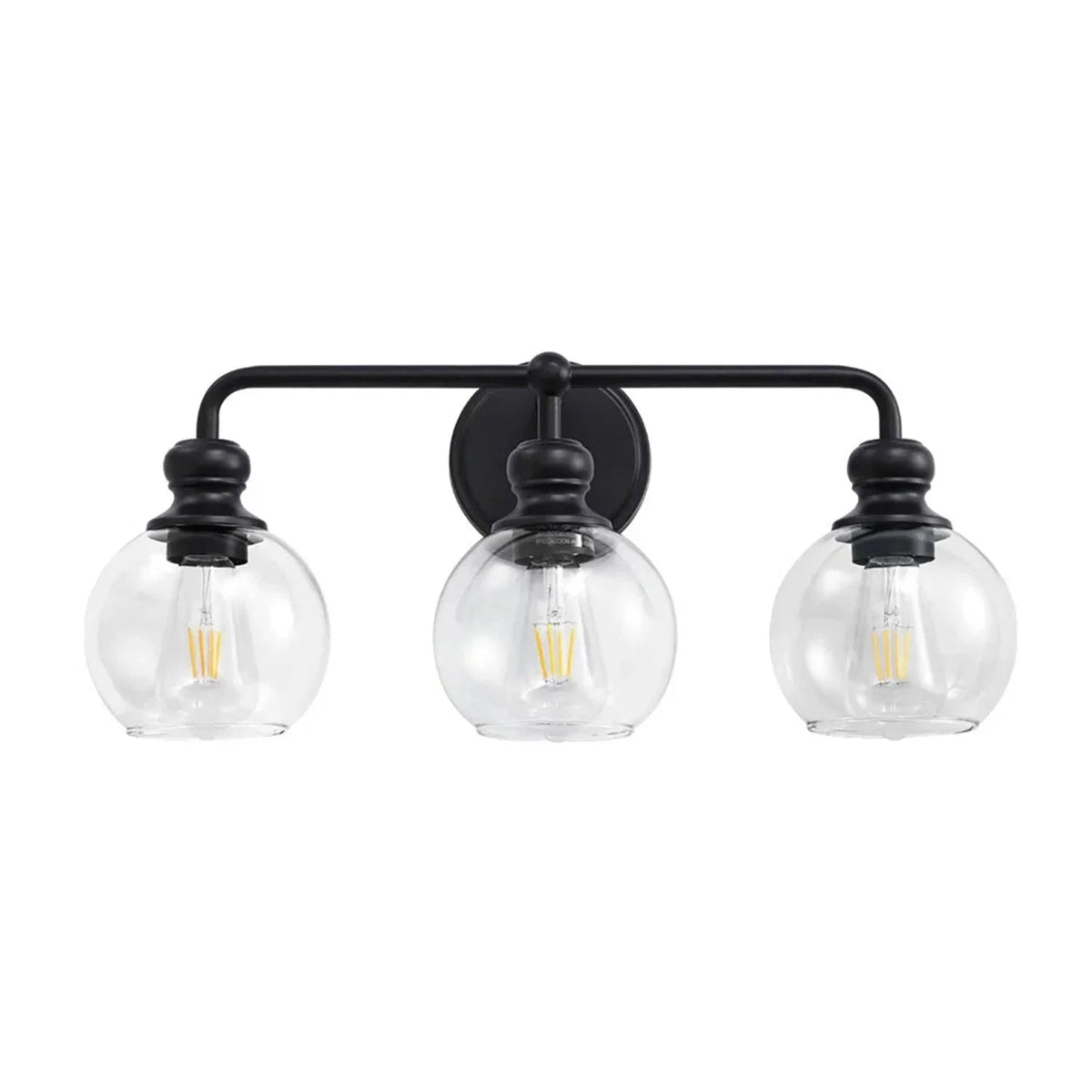 Black wall-mounted 3-light vanity light with three clear glass globe shades