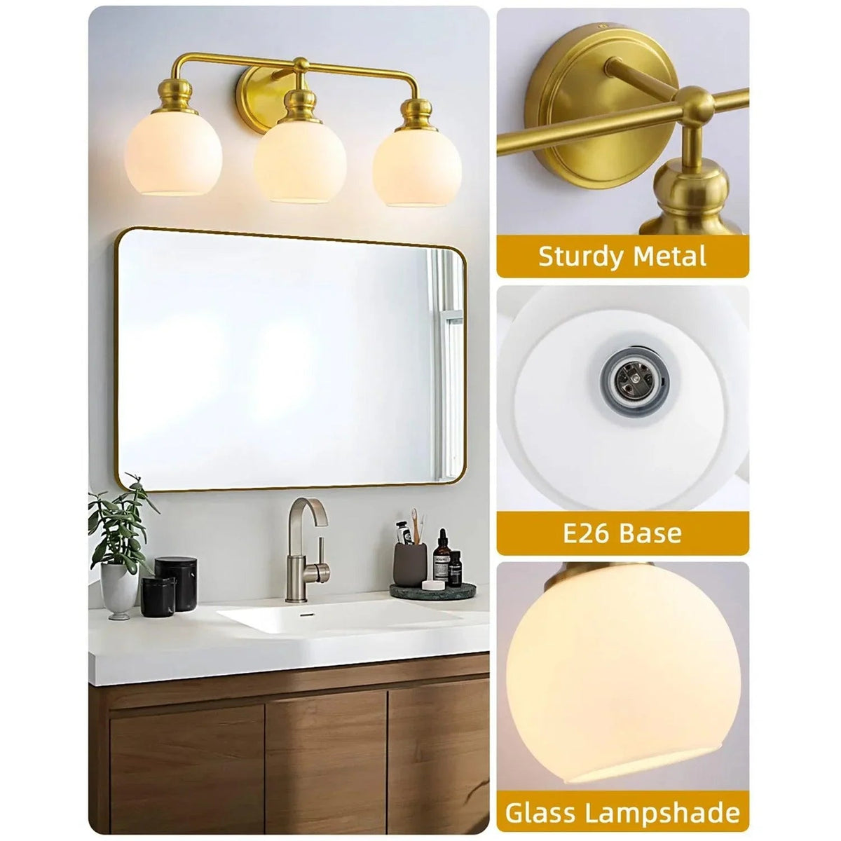 Gold wall-mounted 3-light vanity light with frosted glass shades and round metal mounts