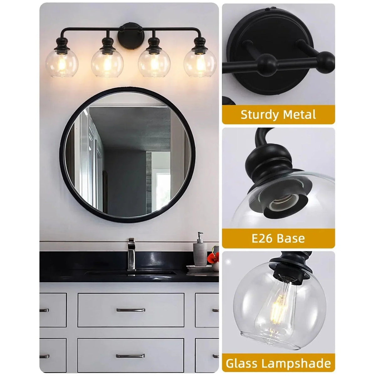 Black 4-light vanity fixture with clear glass shades; close view of round wall mount.