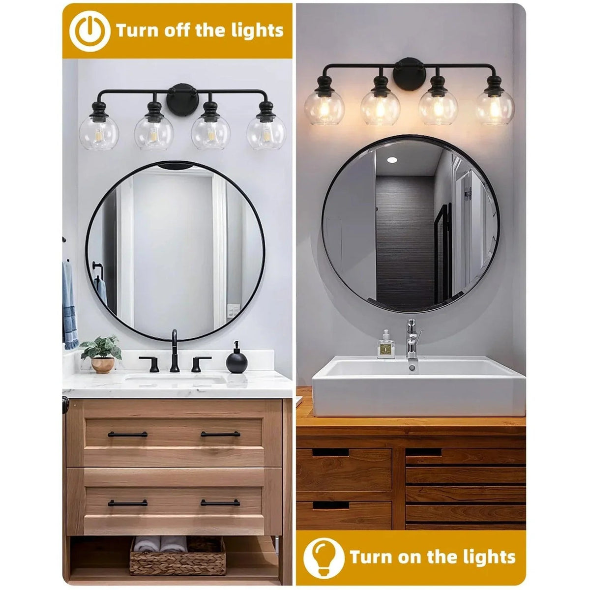 Black 4-light vanity light with clear glass globe shades above a round mirror.