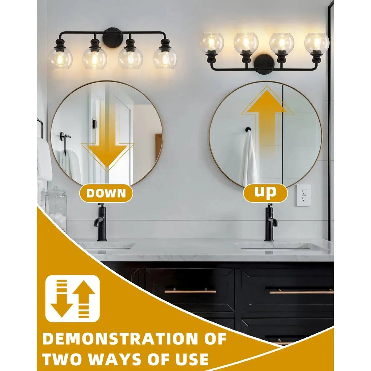 Black 4-light vanity light with clear glass shades; shown with dual sink setup.