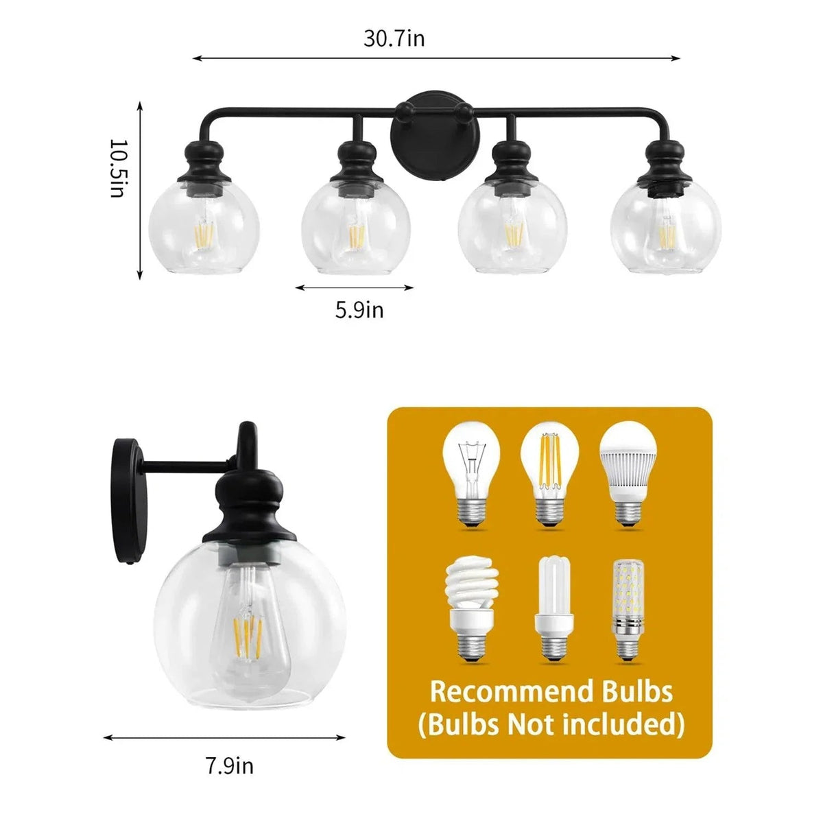 Black 4-light vanity light with clear glass shades; 30.7 in width and 10.5 in height.