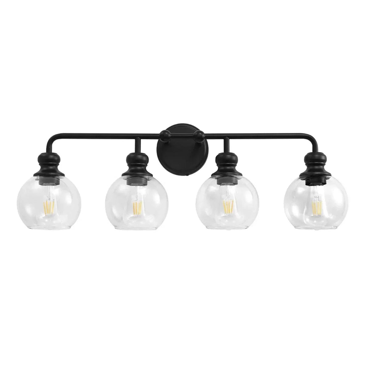 Black 4-light vanity light featuring four clear glass shades on a horizontal bar.