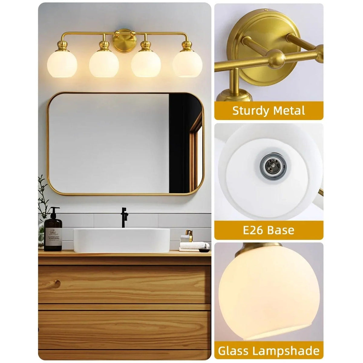 4-light vanity light with frosted glass lamp shades and golden E26 base