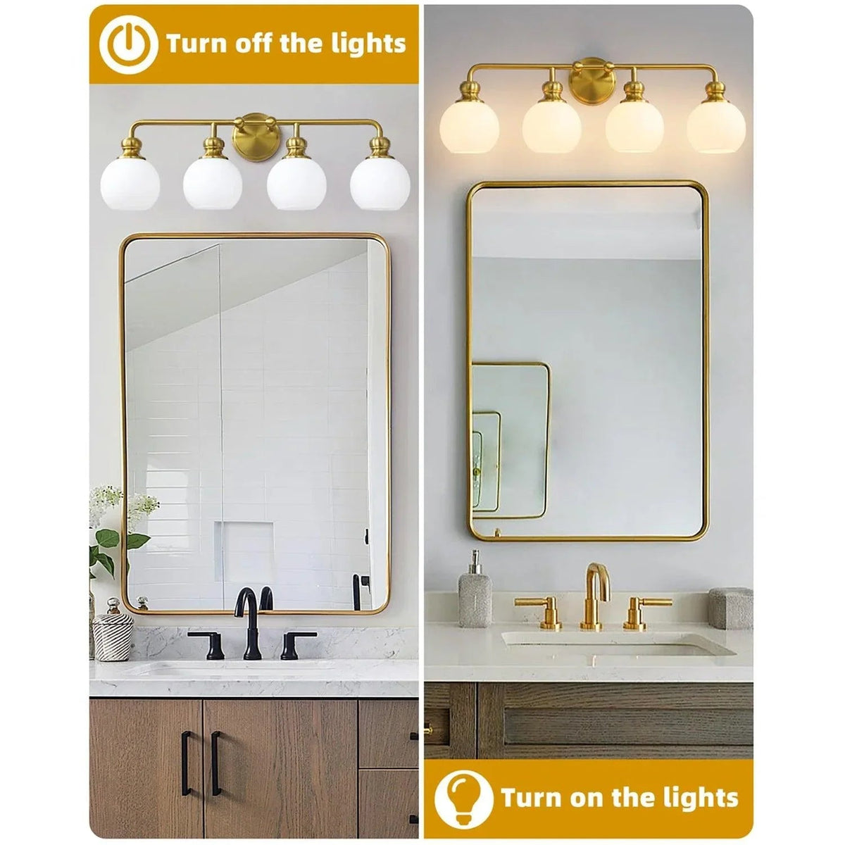 Golden 4-light vanity light with frosted glass globe shades