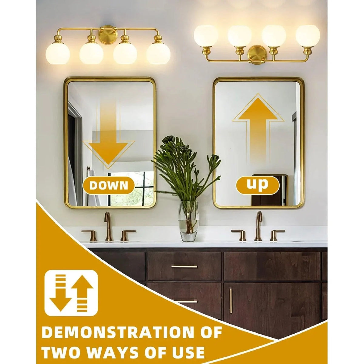 4-light vanity light with frosted glass globe shades and golden wall mount