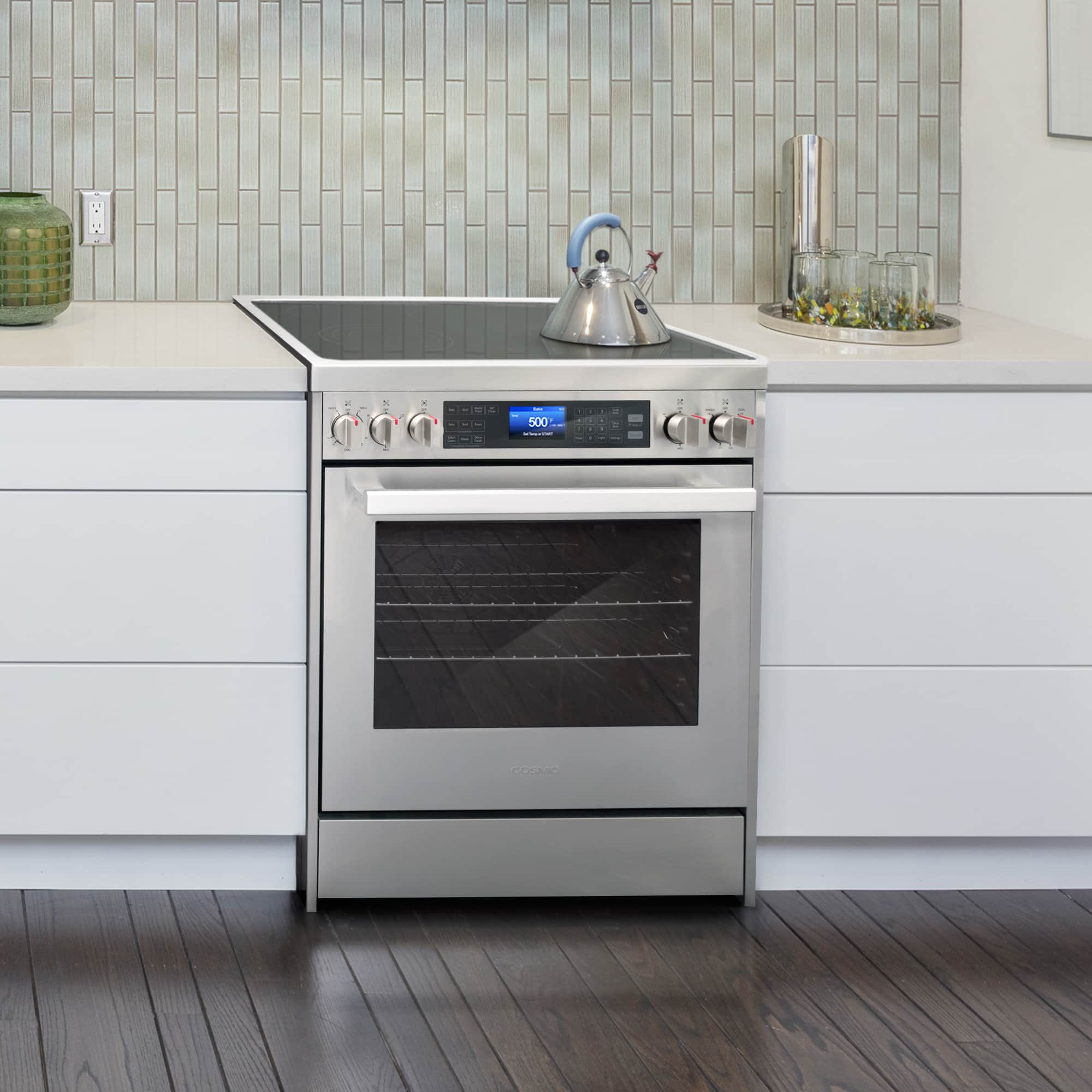 Stainless steel electric oven range with black glass door and front control knobs