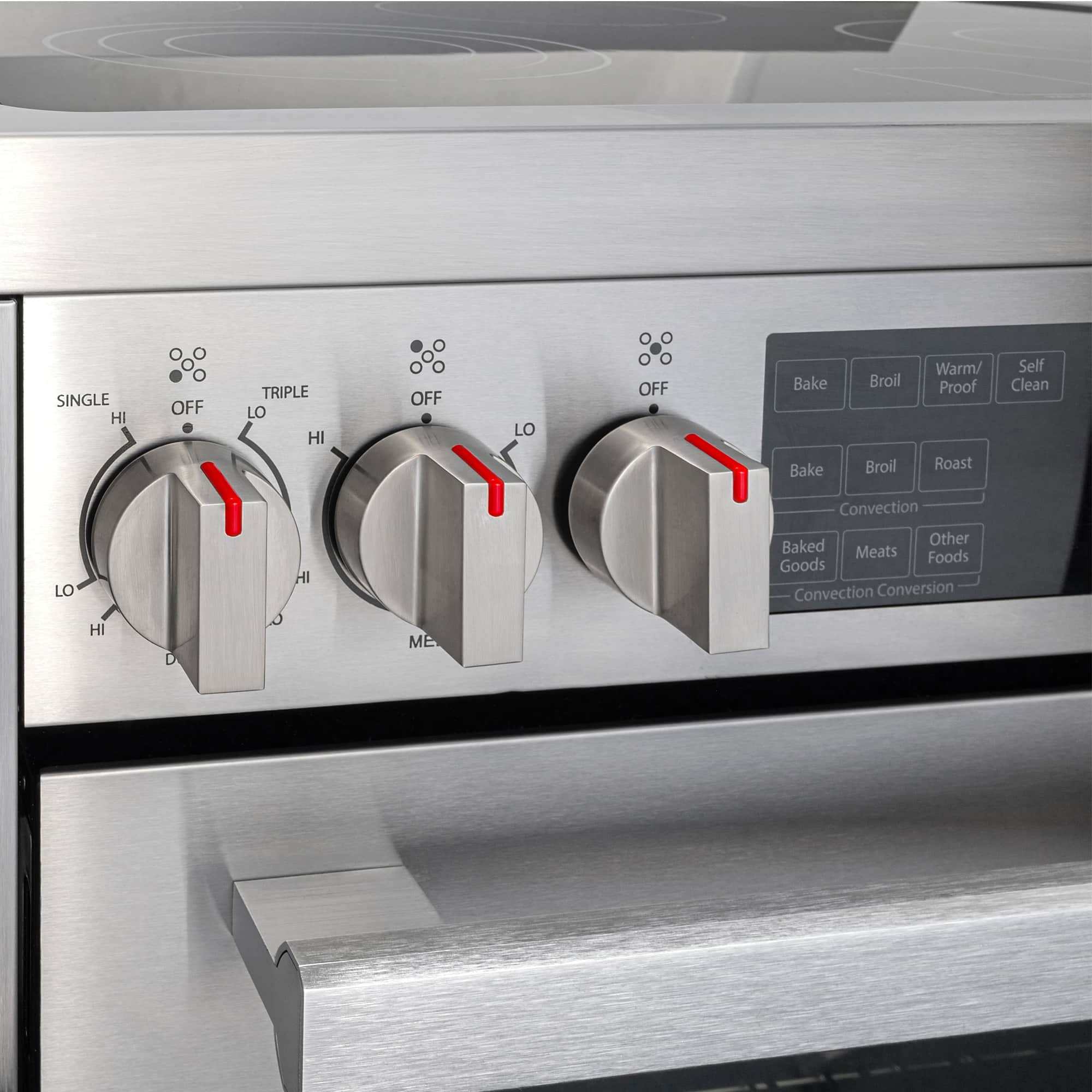 Stainless steel electric range control panel with temperature knobs and display