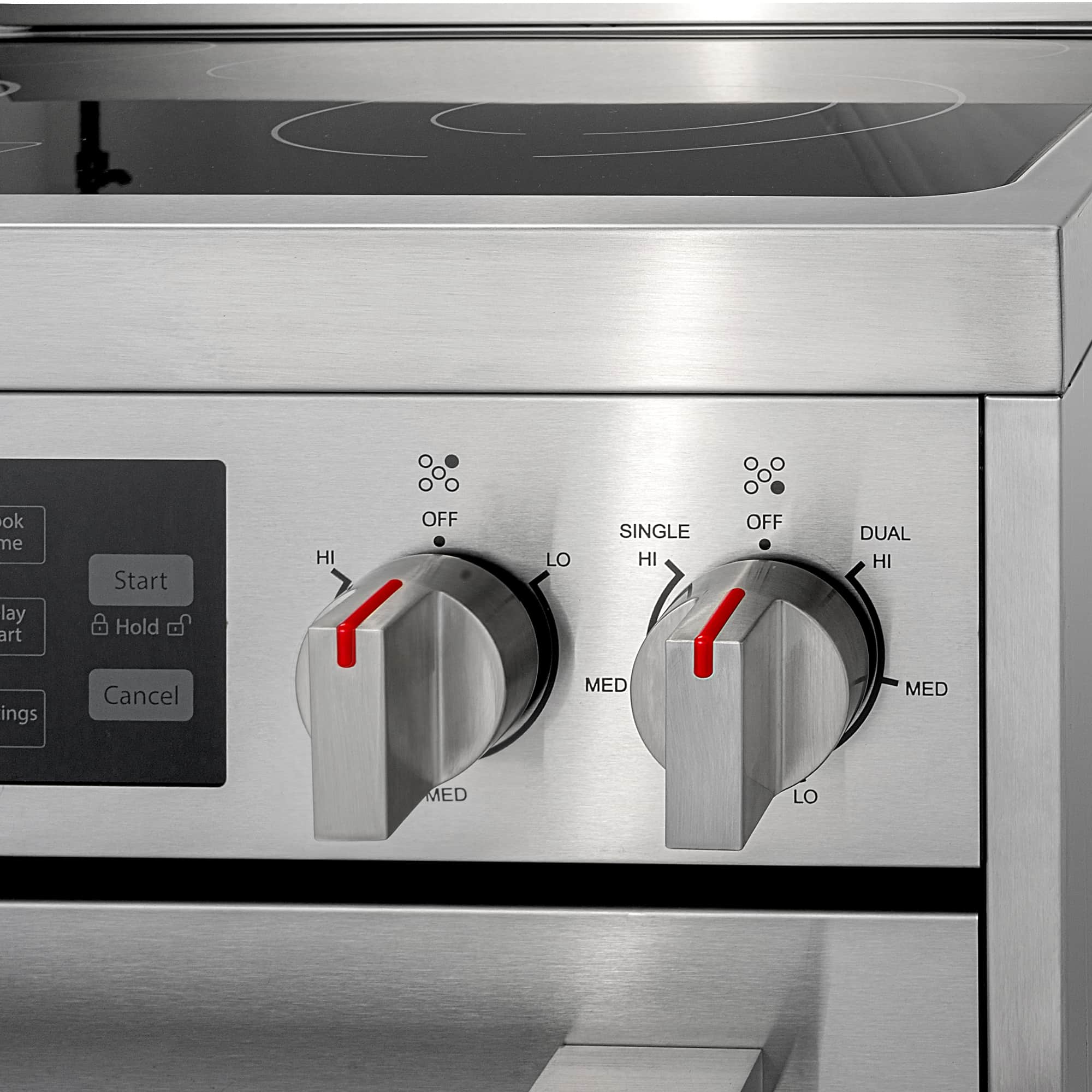Stainless steel electric range control panel with two temperature knobs and settings