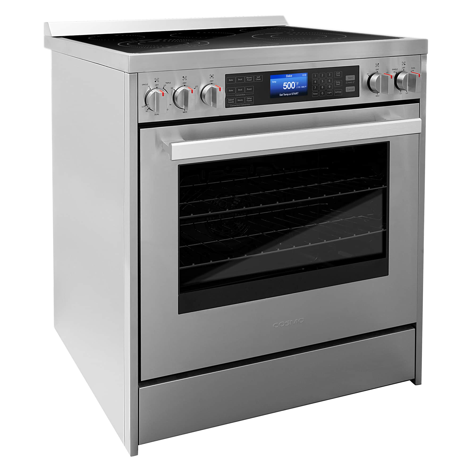 Stainless steel electric range with cooktop and oven door, plus lower storage drawer