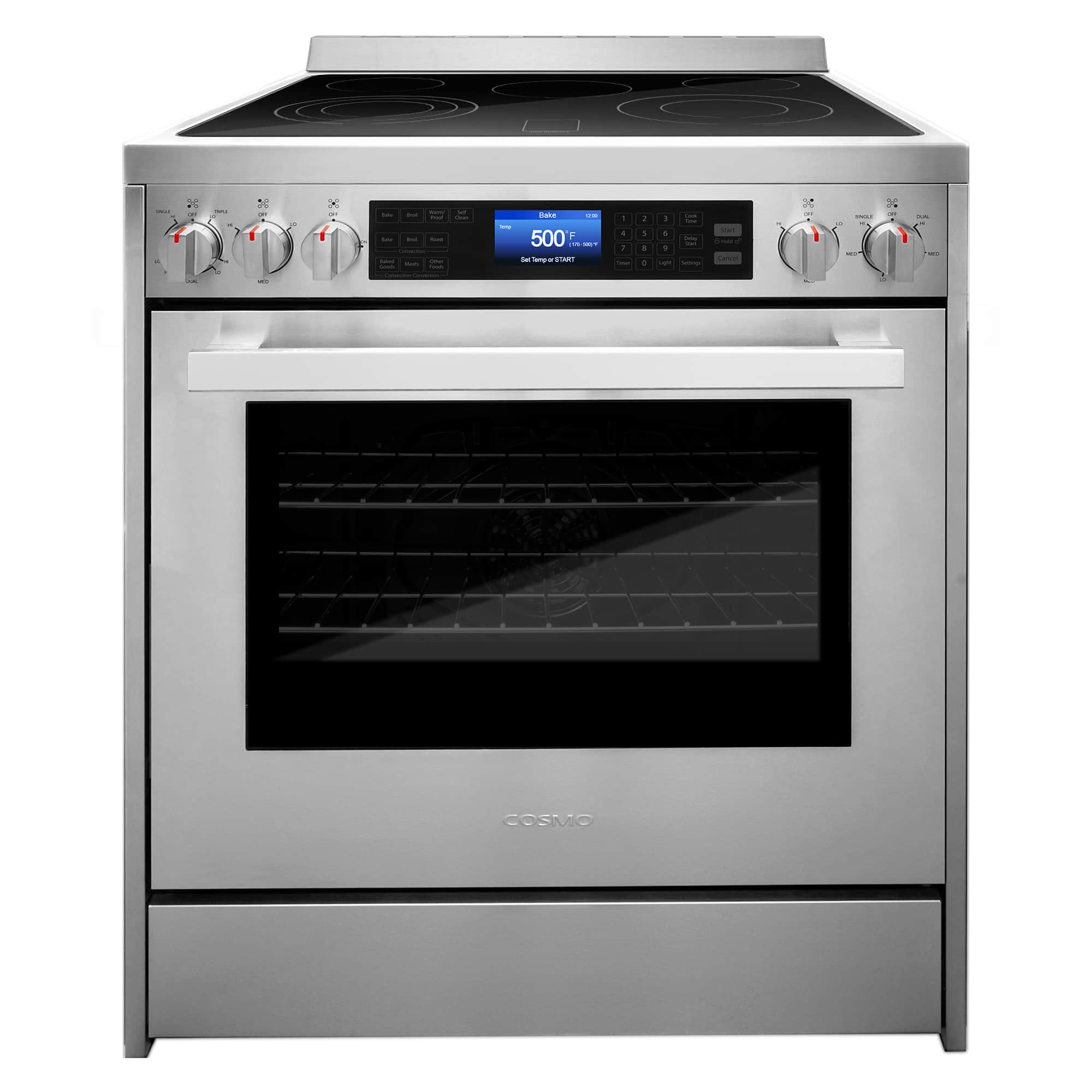 Stainless steel electric range front view with control panel and oven window