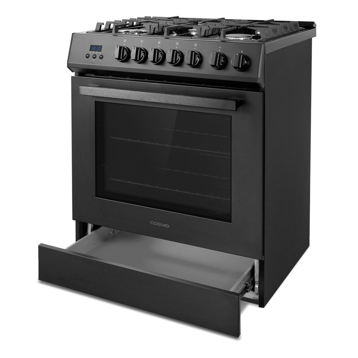 Matte black gas range with five burners and open oven drawer beneath the door