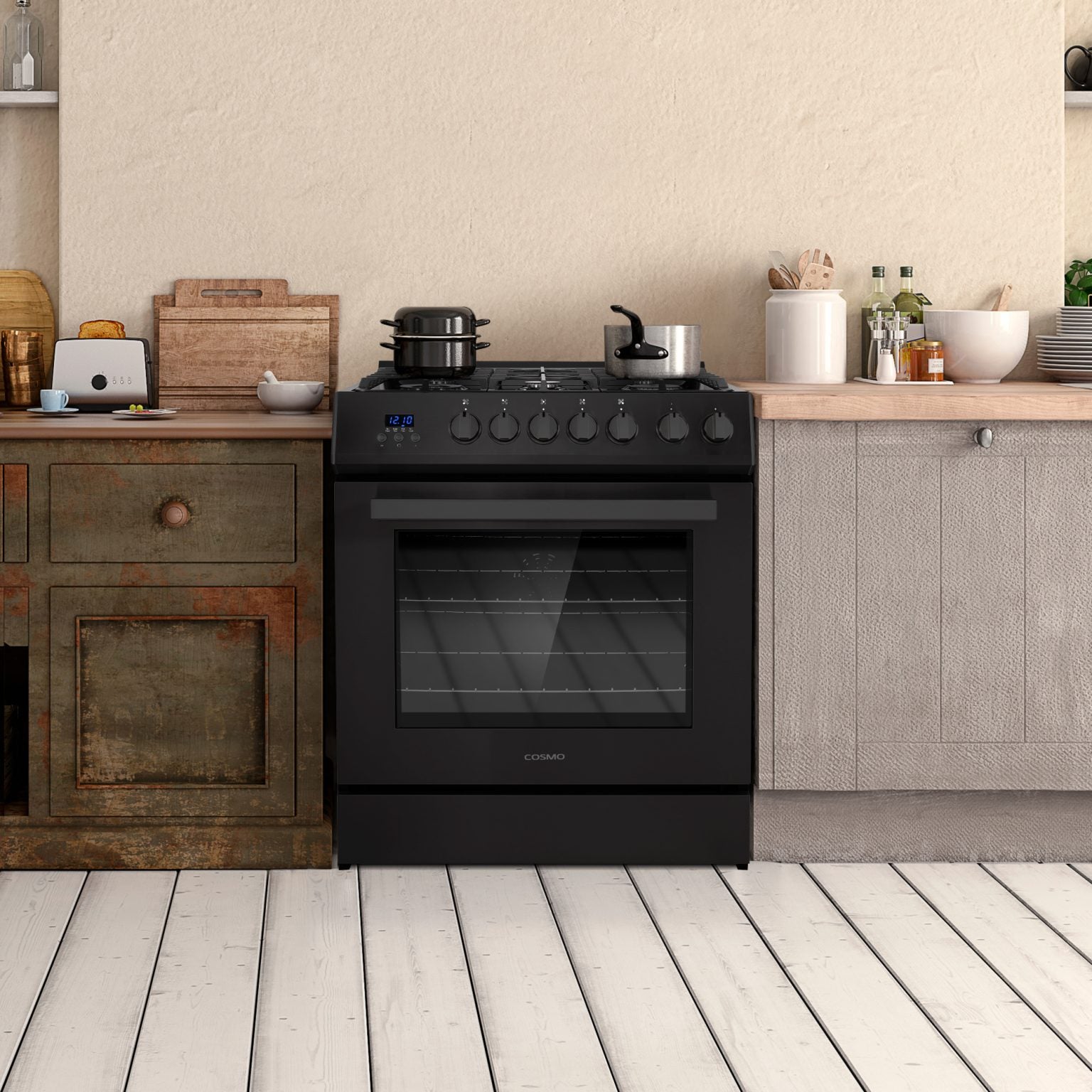 Matte black gas range in a kitchen setting, five burners above a closed oven door