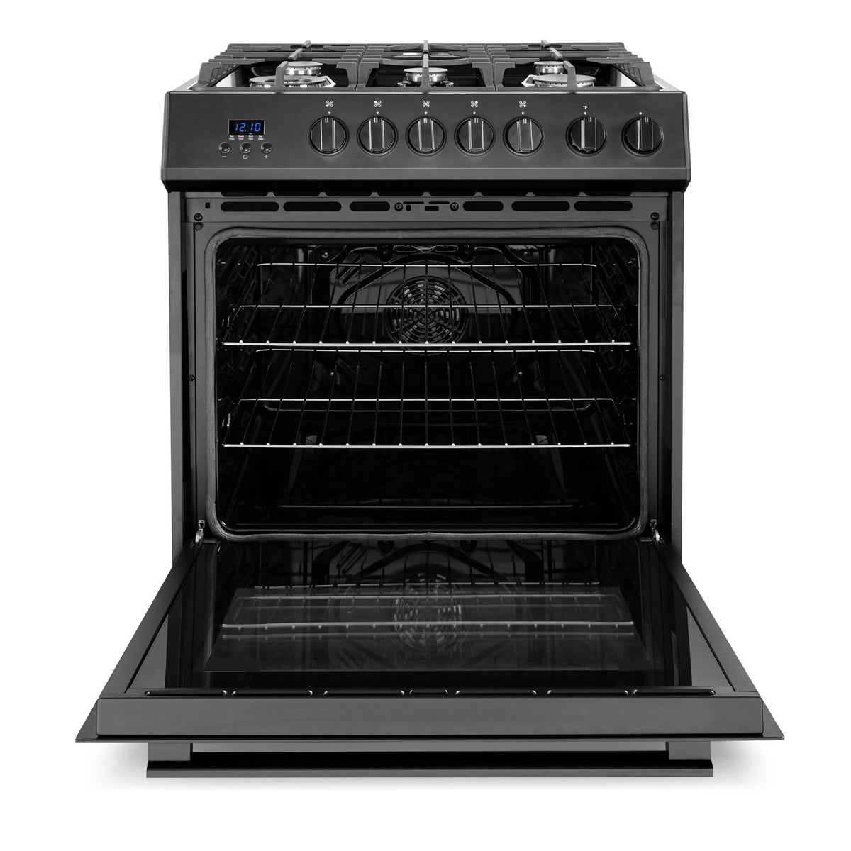 Matte black gas oven with convection fan area visible and oven door fully open