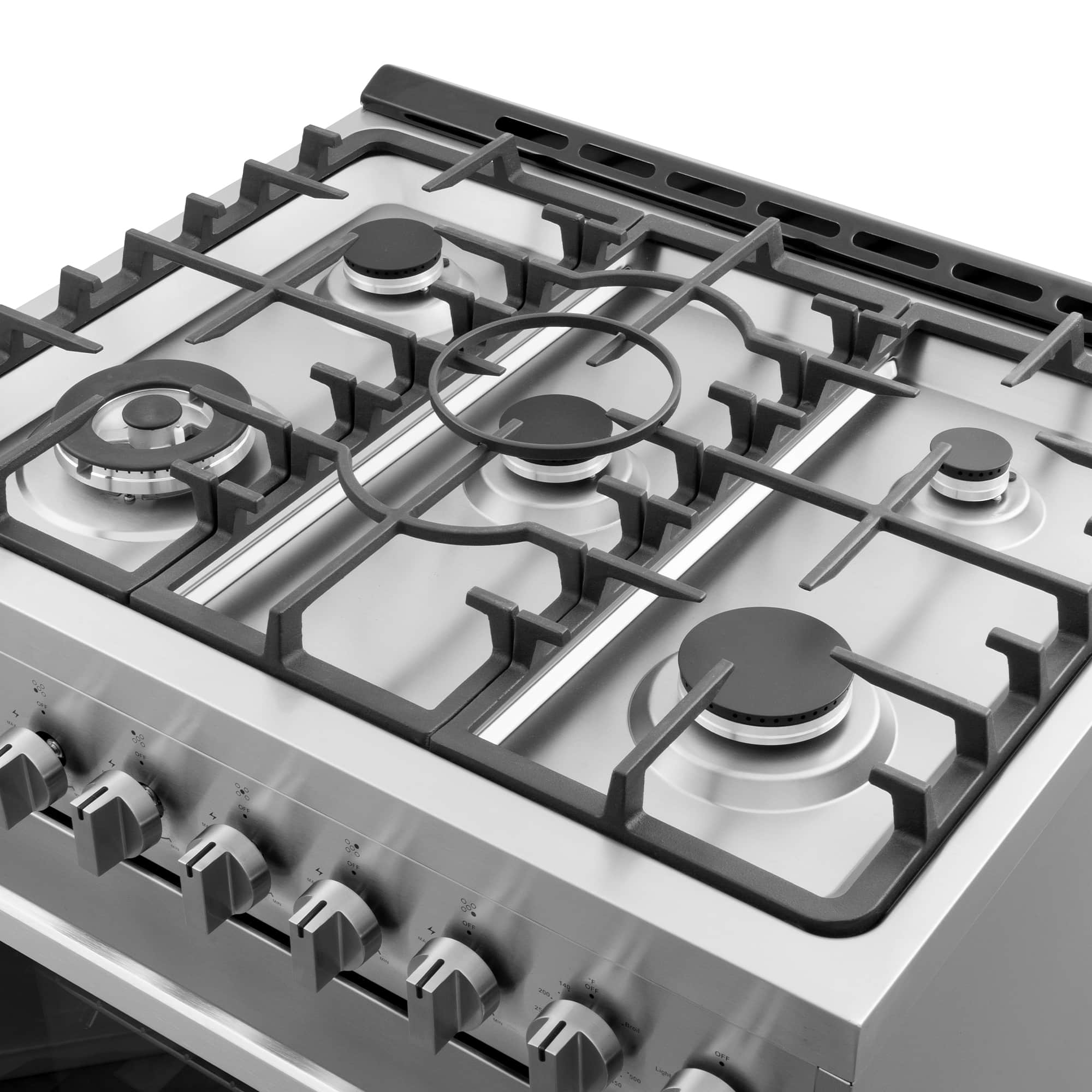 Stainless steel gas cooktop close-up with burner grates and control knobs