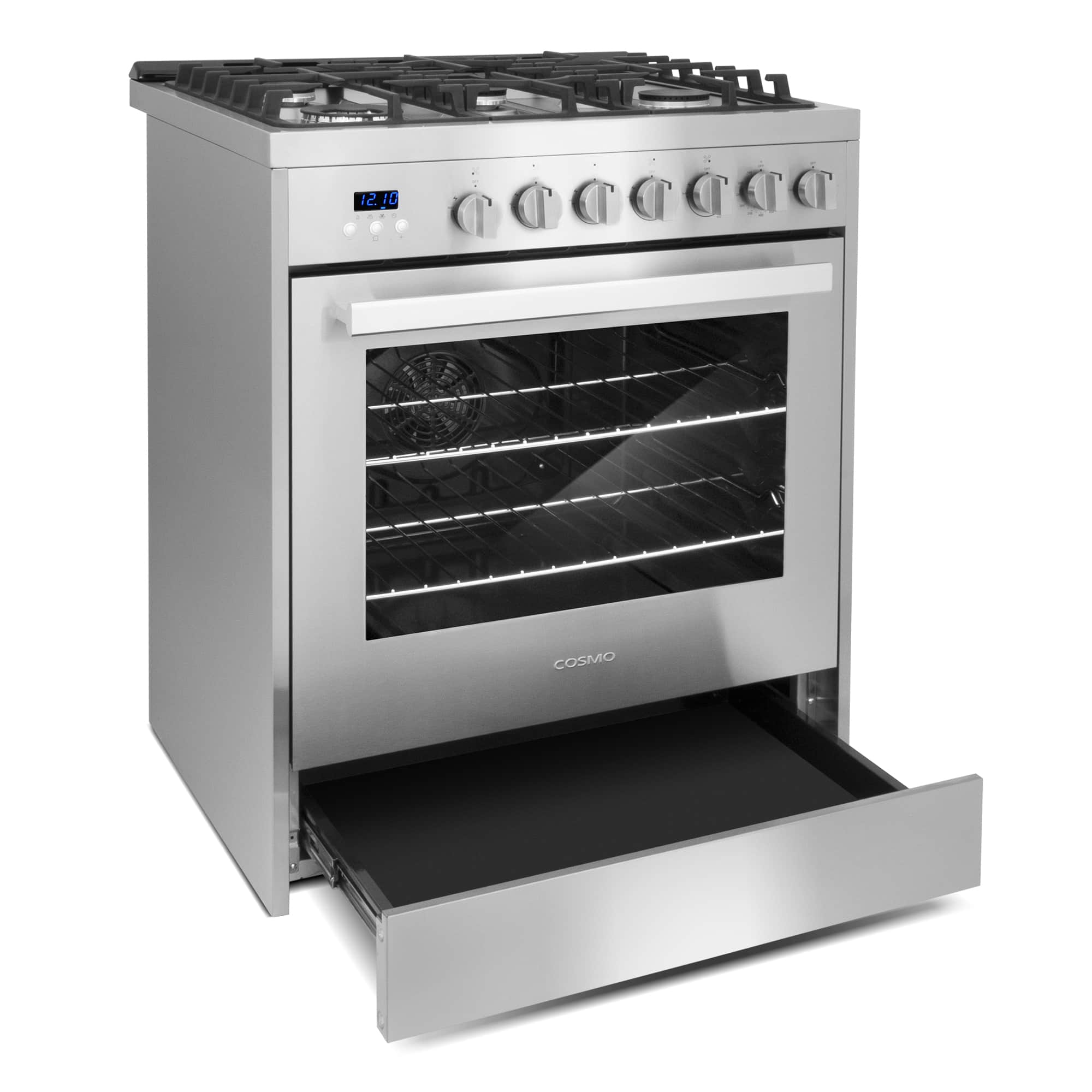 Stainless steel gas range with open oven door and cast-iron burner grates