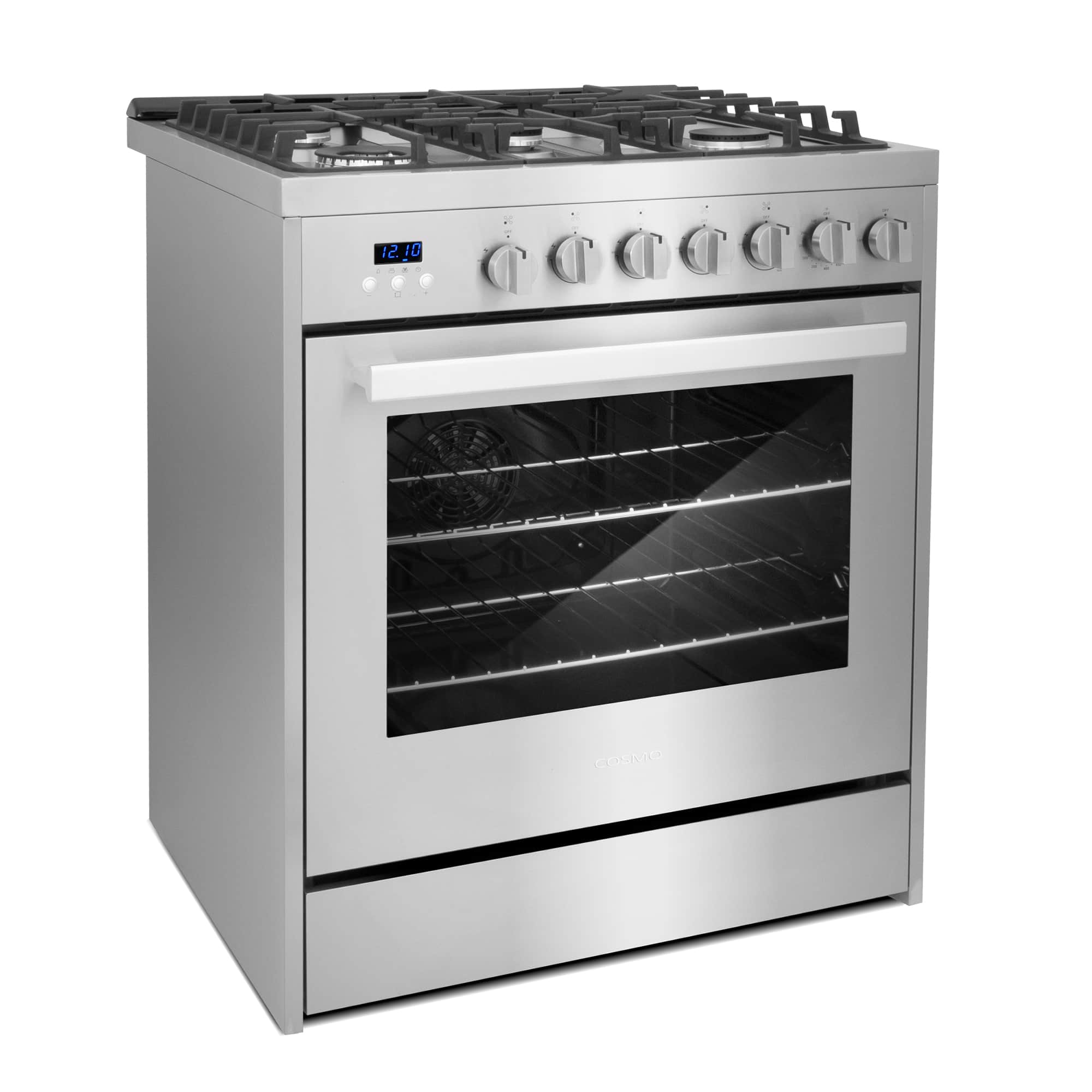 Stainless steel freestanding gas range with control panel and glass oven door