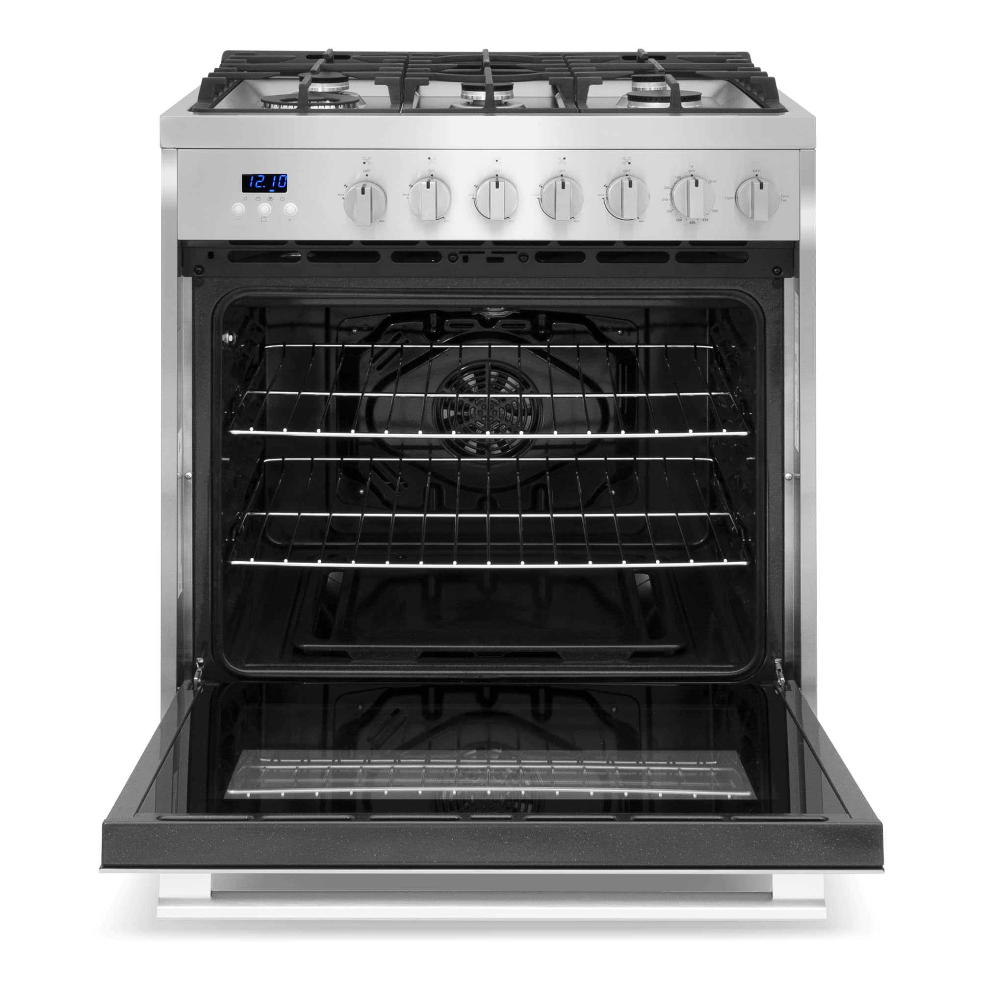 Stainless steel gas range with open oven cavity and cooktop burner grates