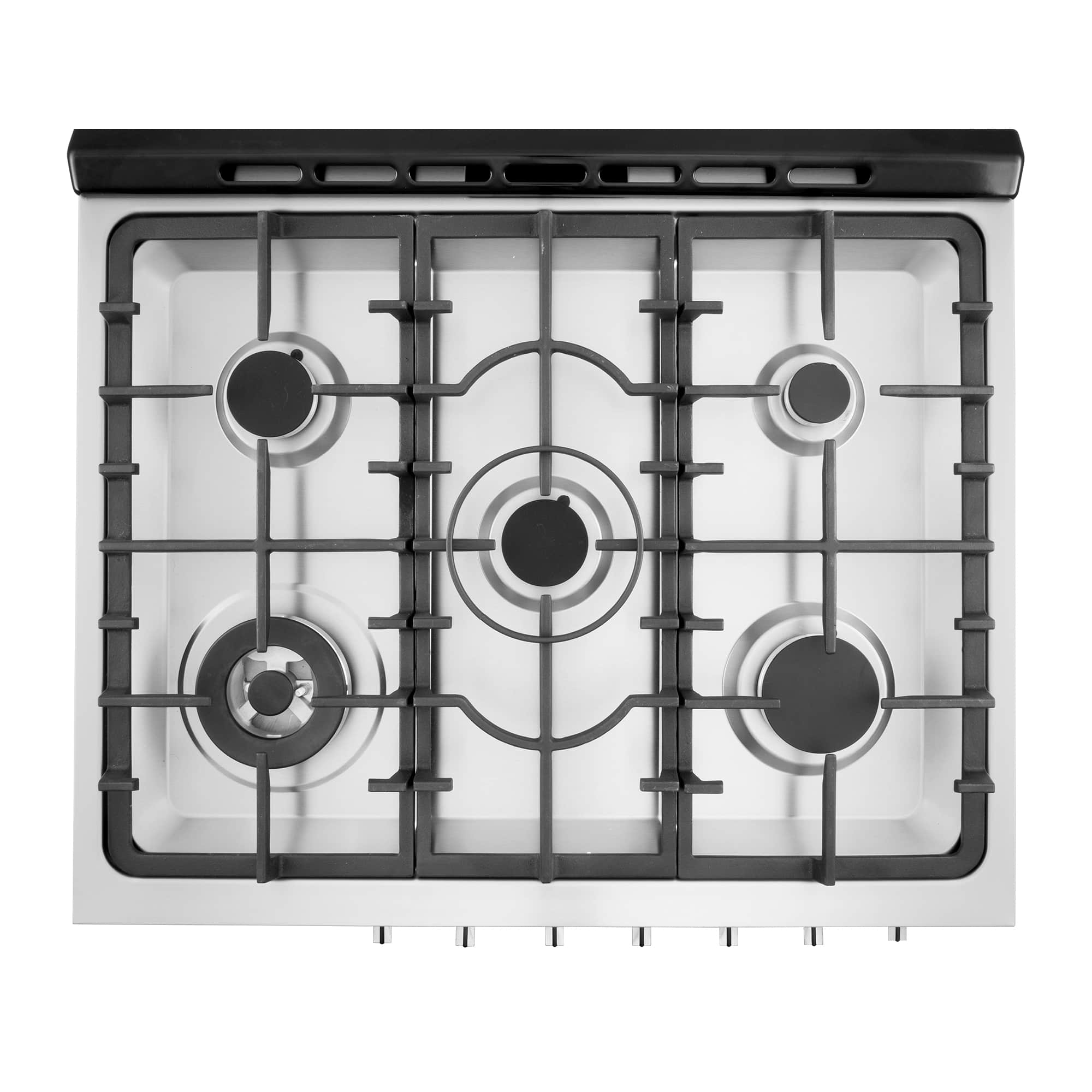 Stainless steel gas cooktop with five burners and black cast-iron grates