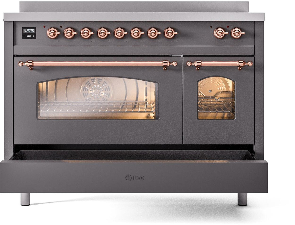 Freestanding electric induction range front with oven windows and open warming drawer