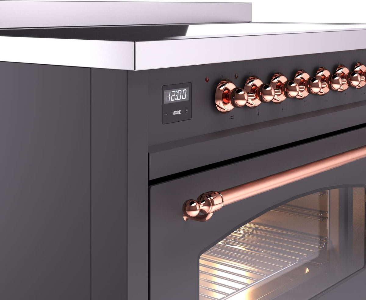Electric induction range control panel with digital display and copper knob row