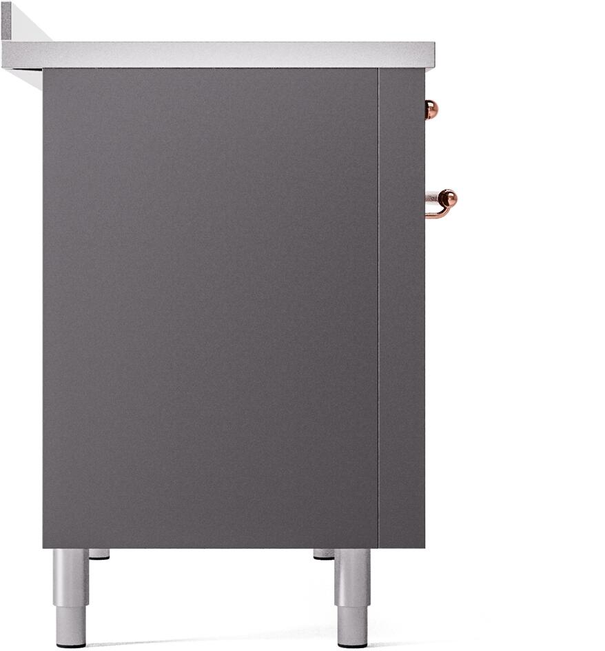 Freestanding electric induction range side panel in matte graphite with stabilizing feet