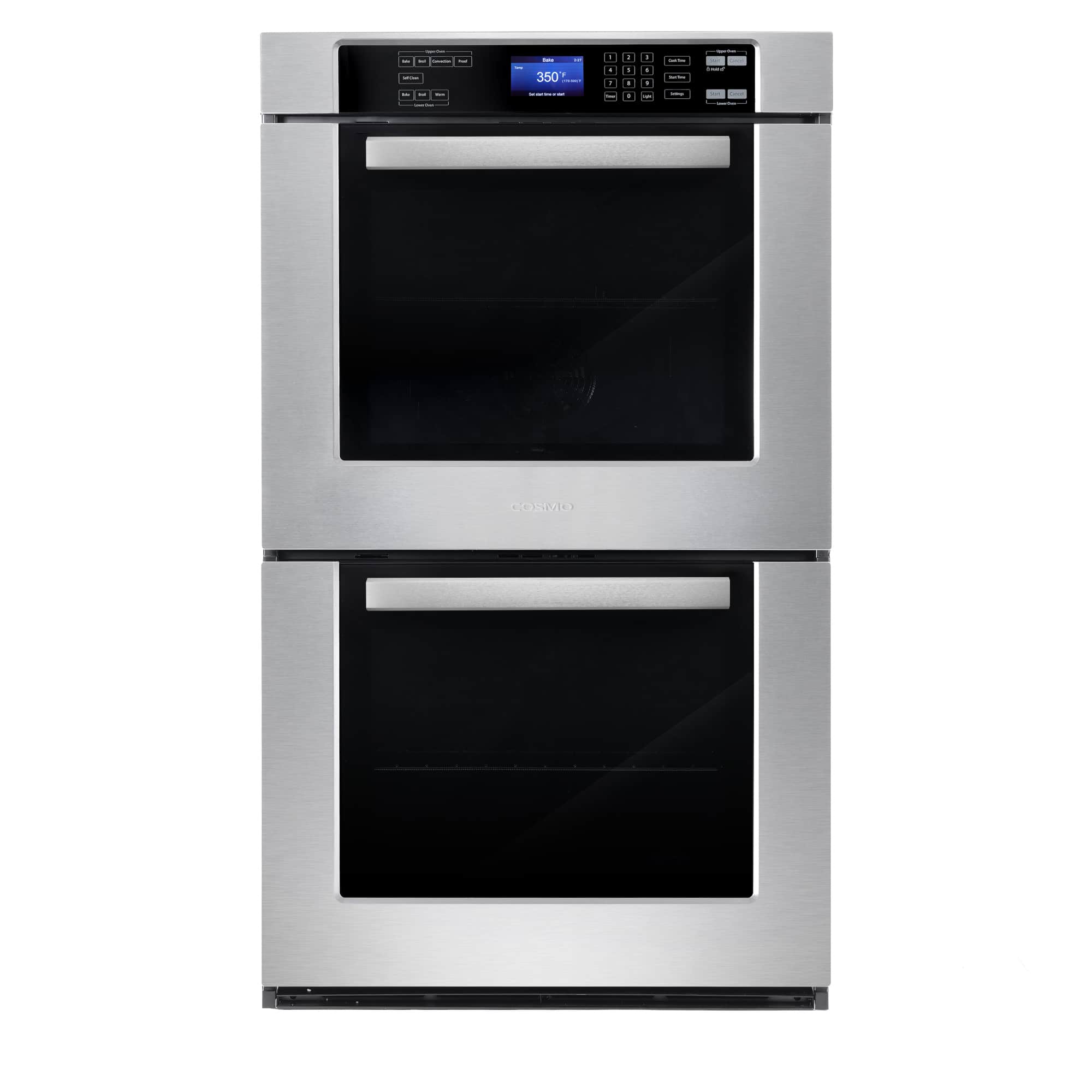 Stainless double electric wall oven with two black glass doors and control panel