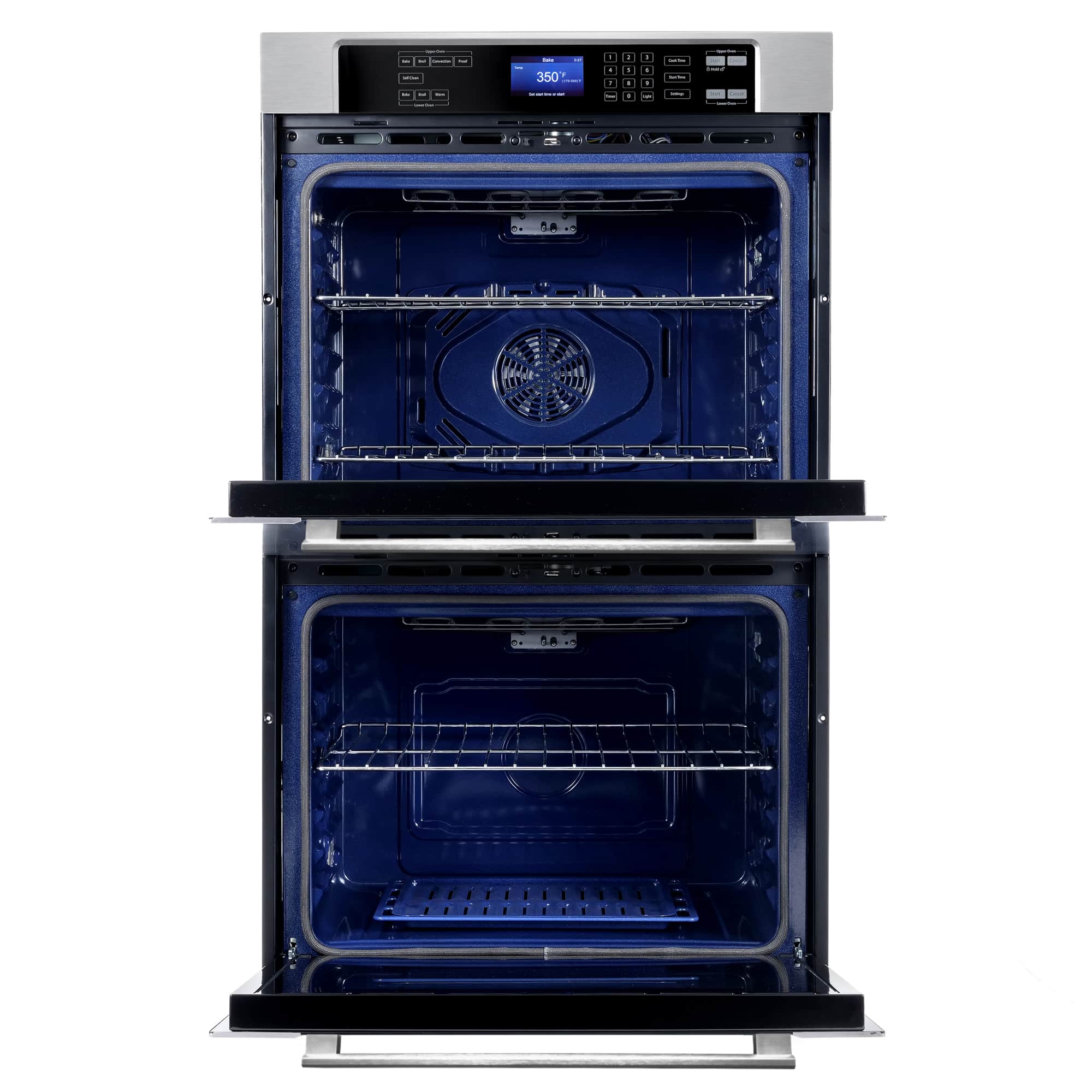 Stainless double wall oven with both doors open, racks inside, and convection fan visible