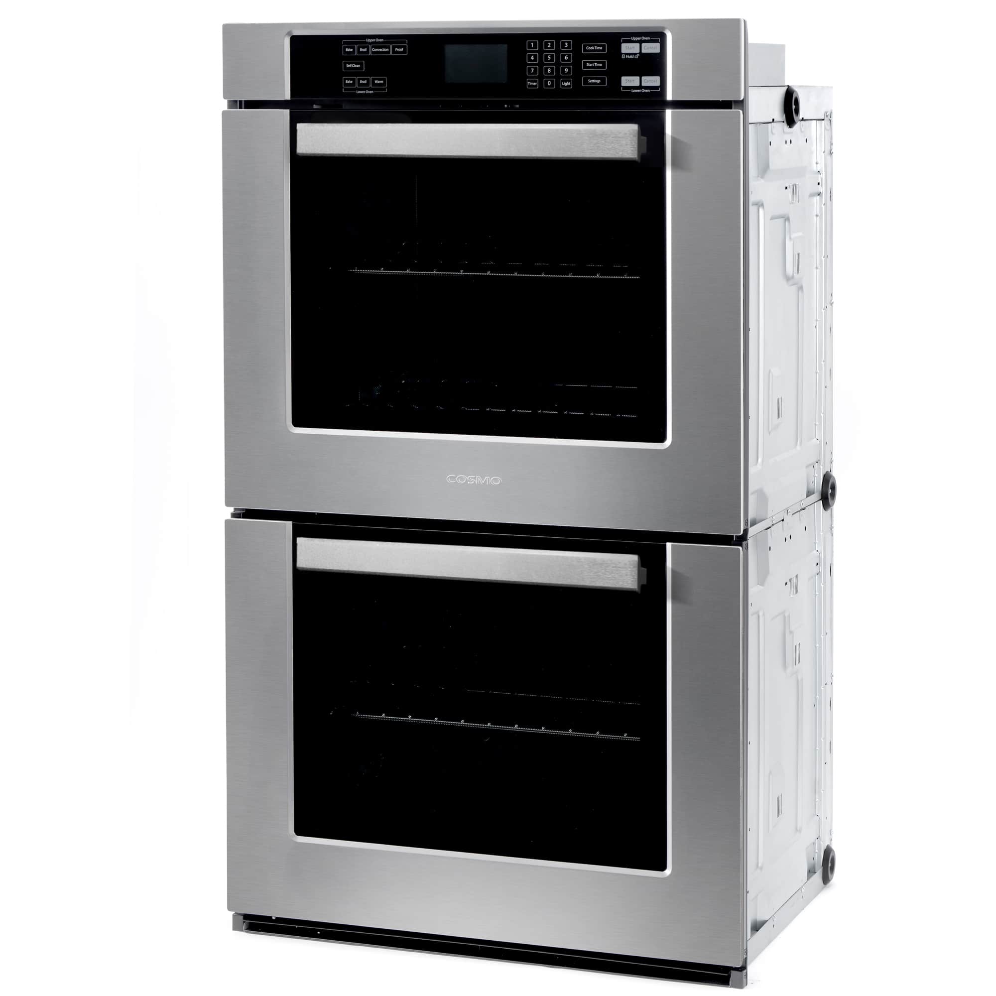 Stainless double electric wall oven with one door open and control panel on top