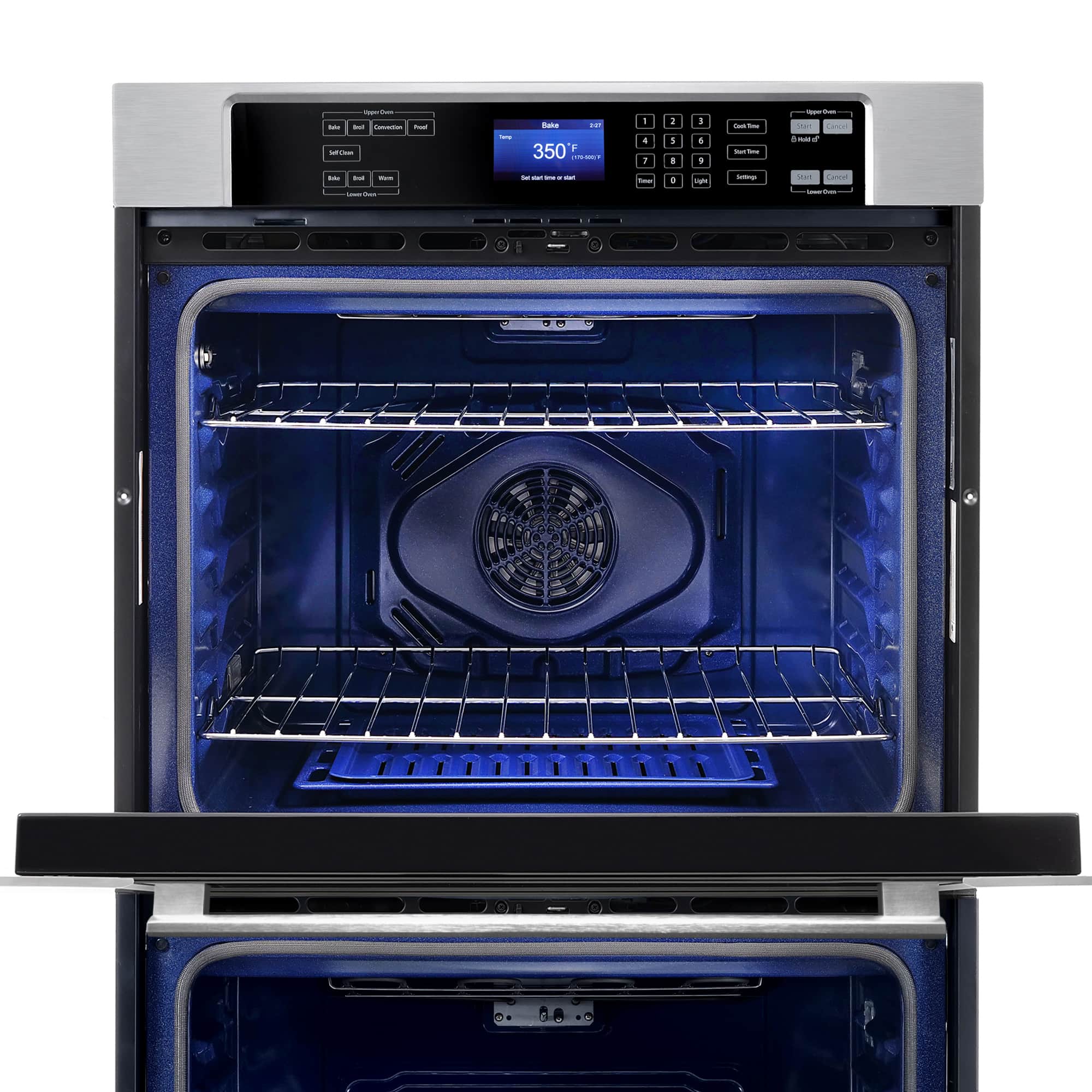 Stainless wall oven interior with convection fan, upper rack, and broiler tray