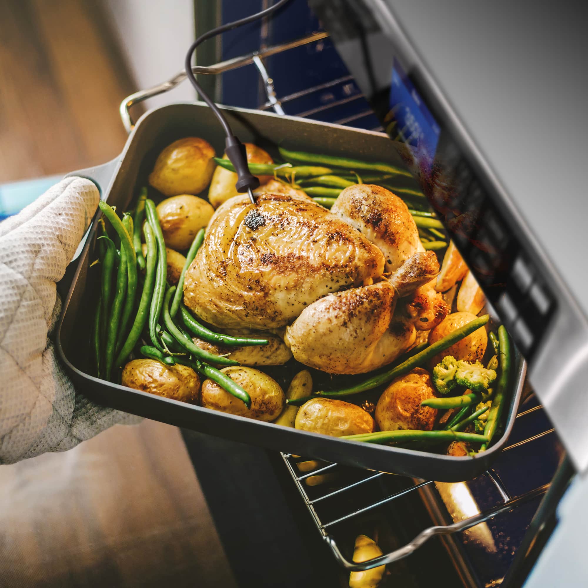 Roasting pan with seasoned chicken and vegetables inside the oven