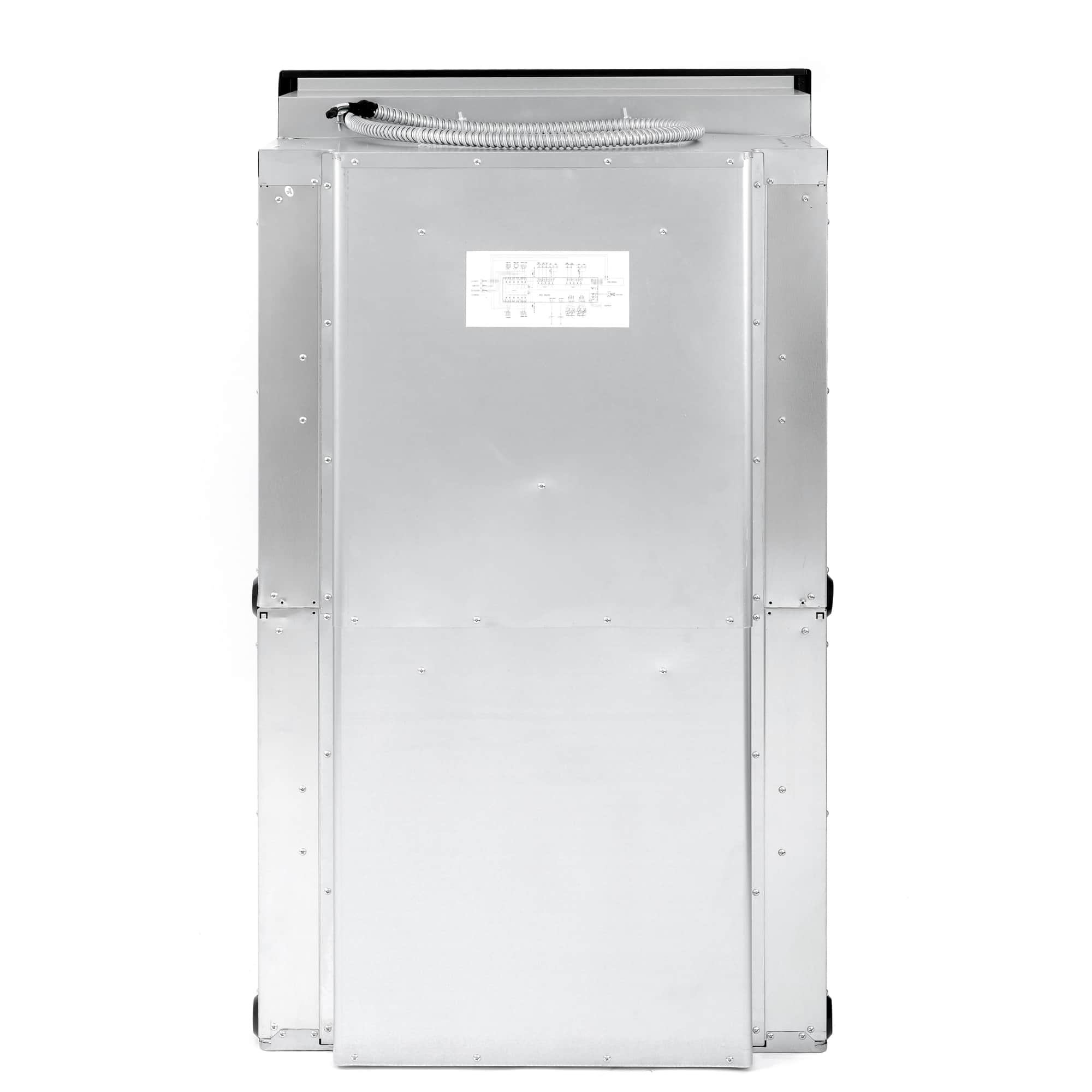 Back view of stainless steel double built-in wall oven with mounting hardware