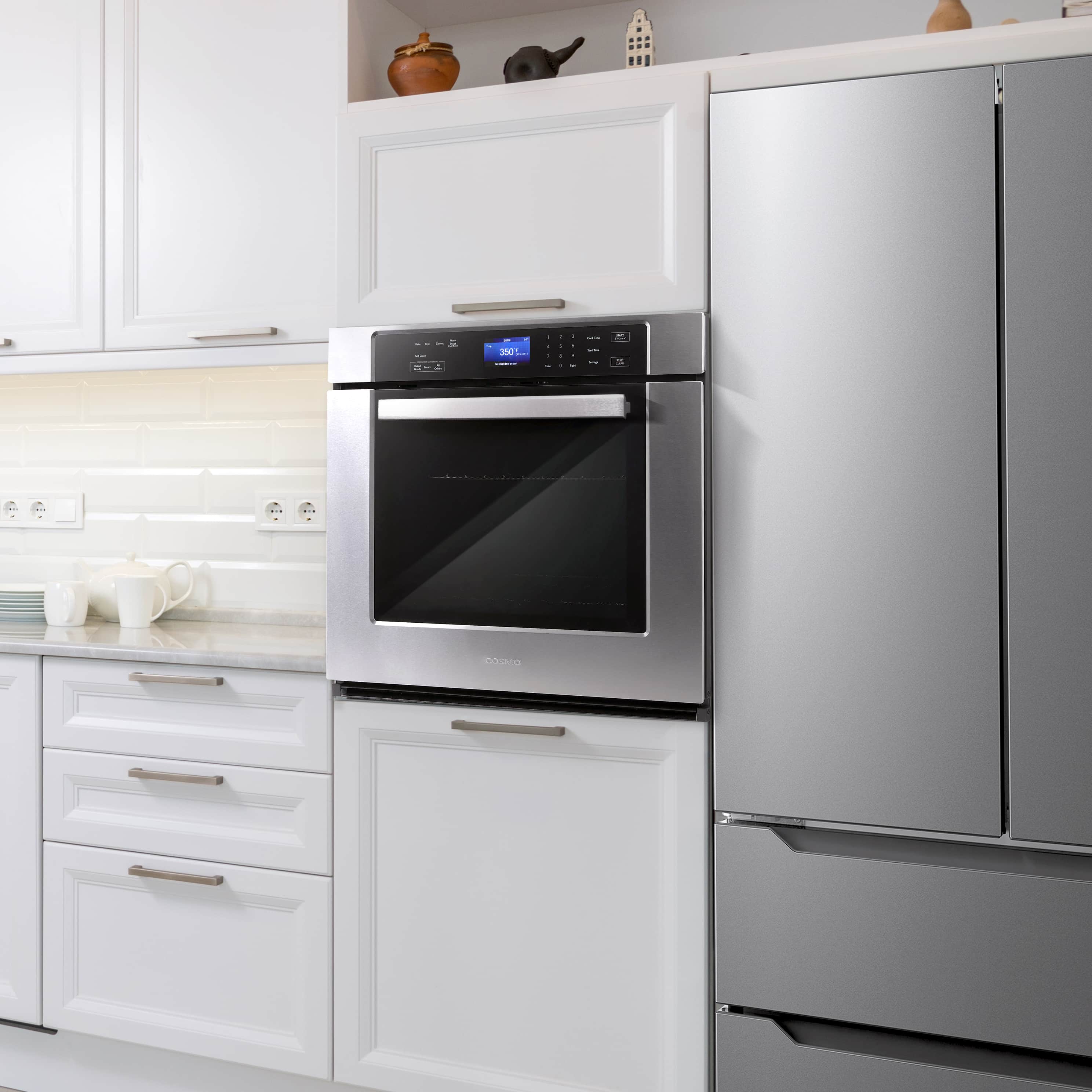 COSMO stainless steel electric wall oven with black glass door and digital control panel