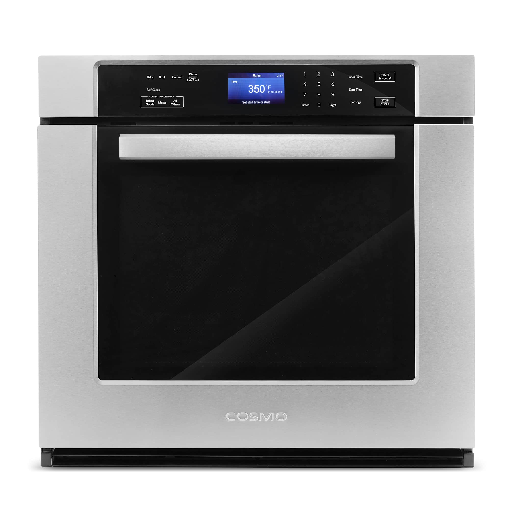 COSMO stainless steel electric wall oven front view with digital display and black glass door