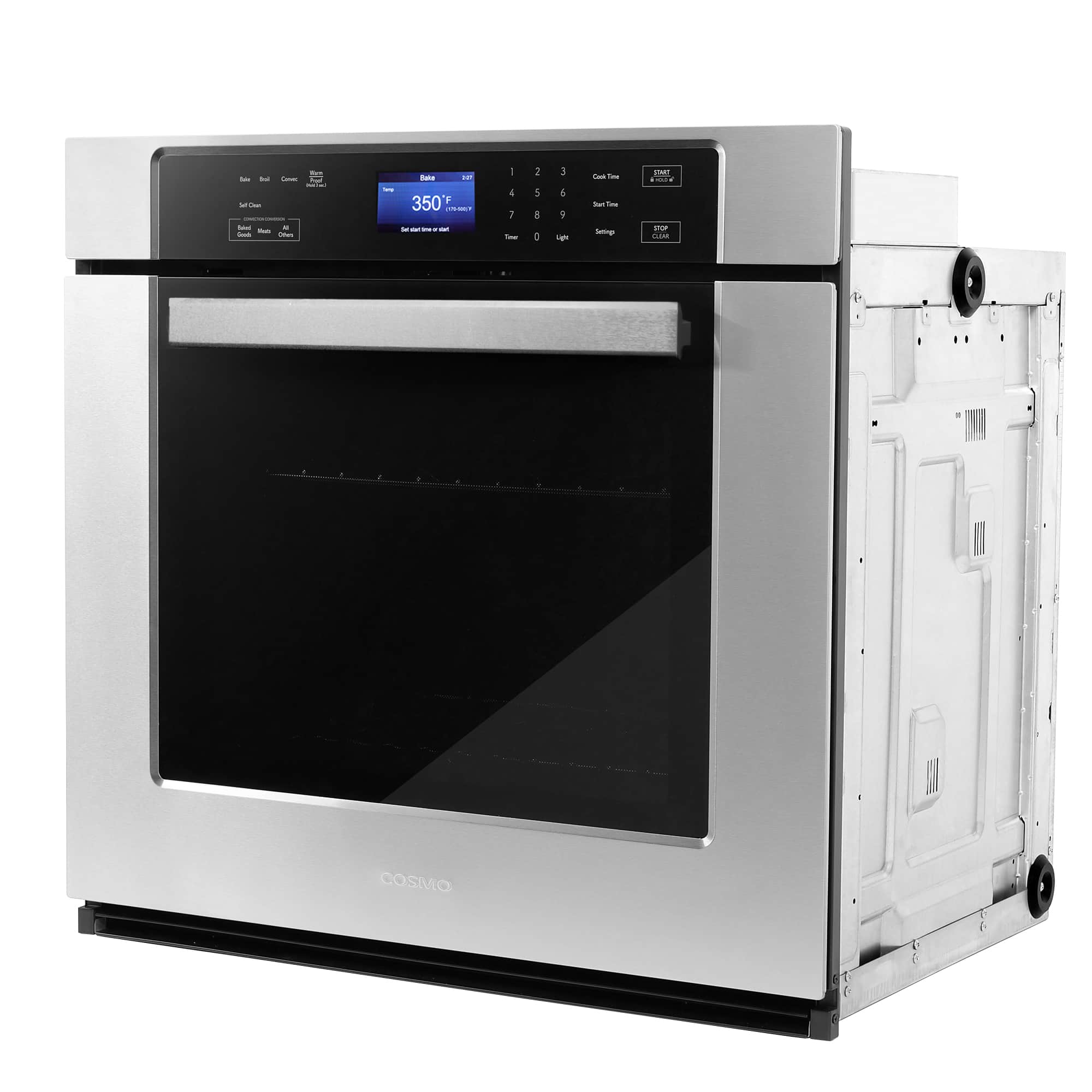 COSMO stainless steel electric wall oven side view with open access panel and black door