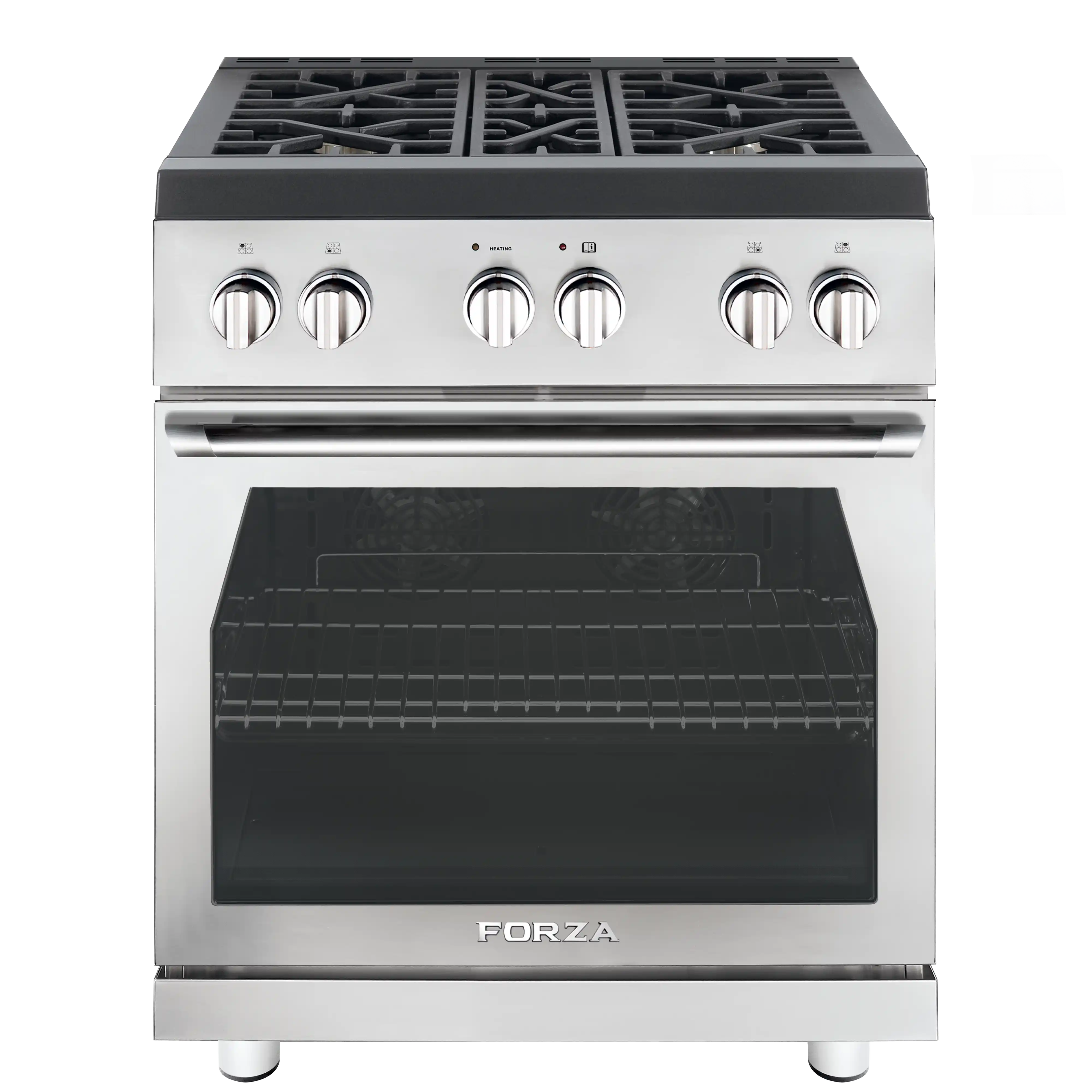 Stainless steel 30-inch all-gas range with control knobs and oven window door