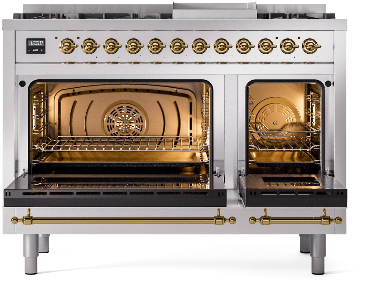 Dual-fuel freestanding range with both oven doors open and interior racks visible