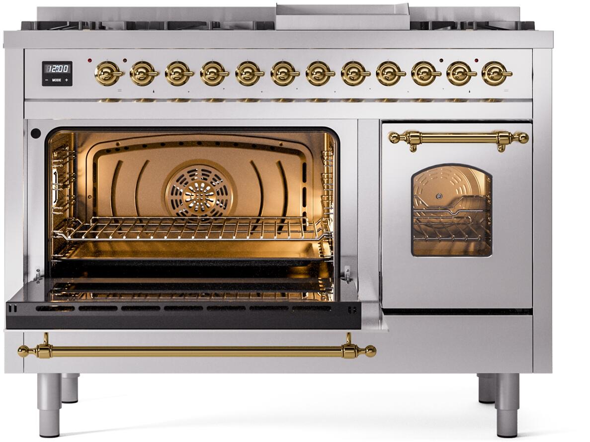 Dual-fuel freestanding range front with open oven compartments and brass trim