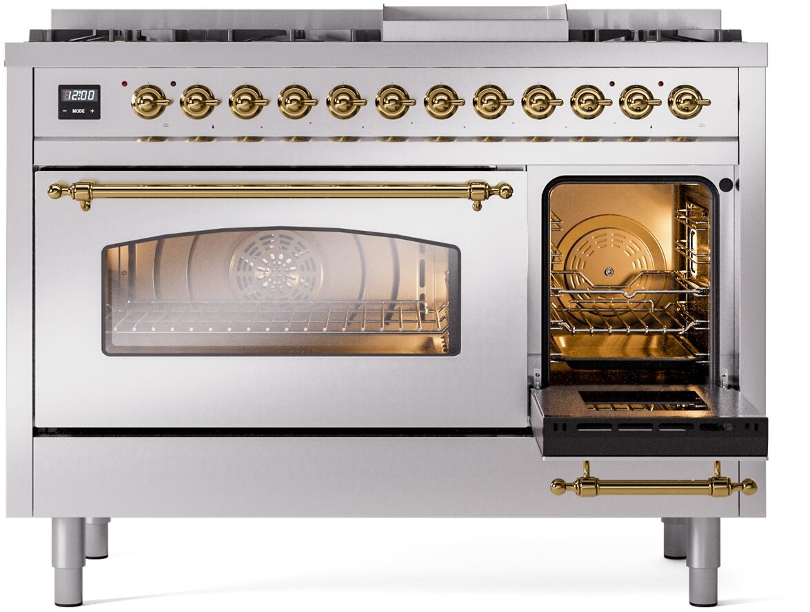 Stainless steel freestanding dual fuel range with brass trim, one oven door open