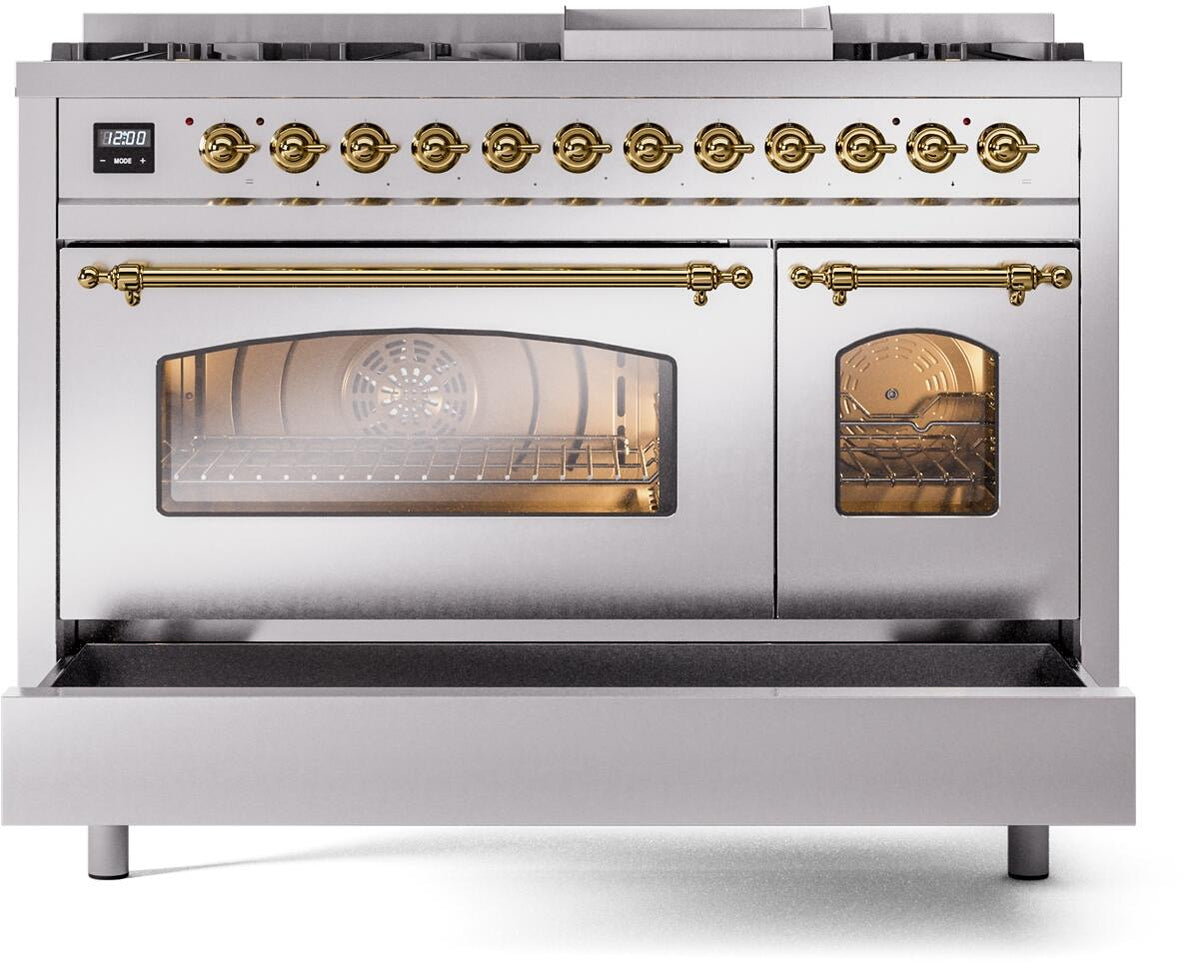 Stainless steel freestanding range with brass trim, both oven windows closed