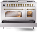 ILVE Nostalgie II 48-Inch Freestanding Natural Gas Dual Fuel Range in Stainless Steel with Brass Trim (UP48FNMPSSG)