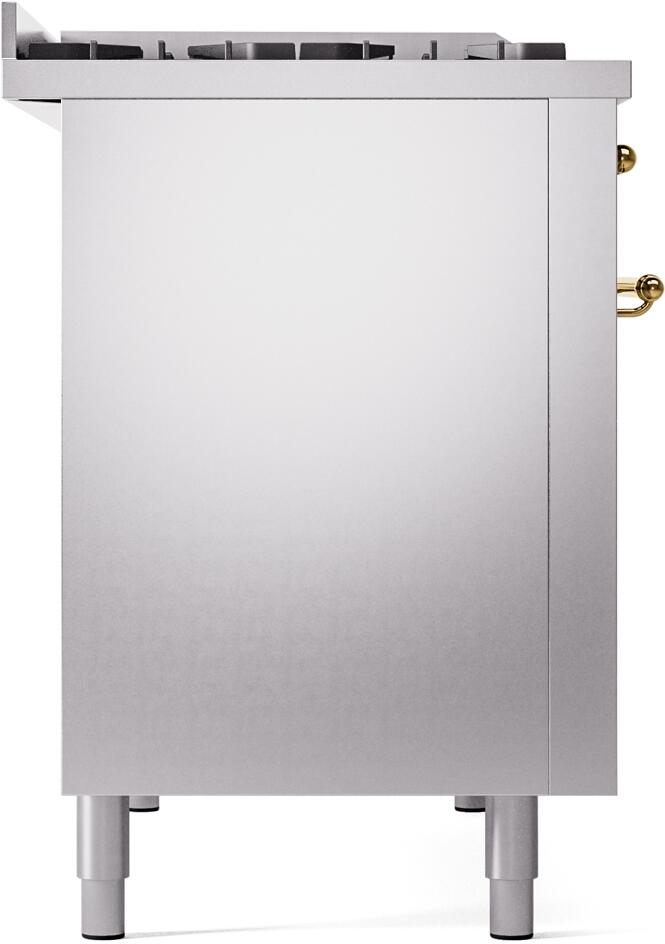 Stainless steel freestanding range side panel with brass accents and four legs