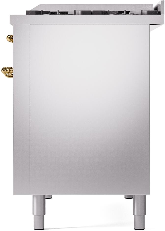 Stainless steel freestanding range rear panel with brass handle details and legs