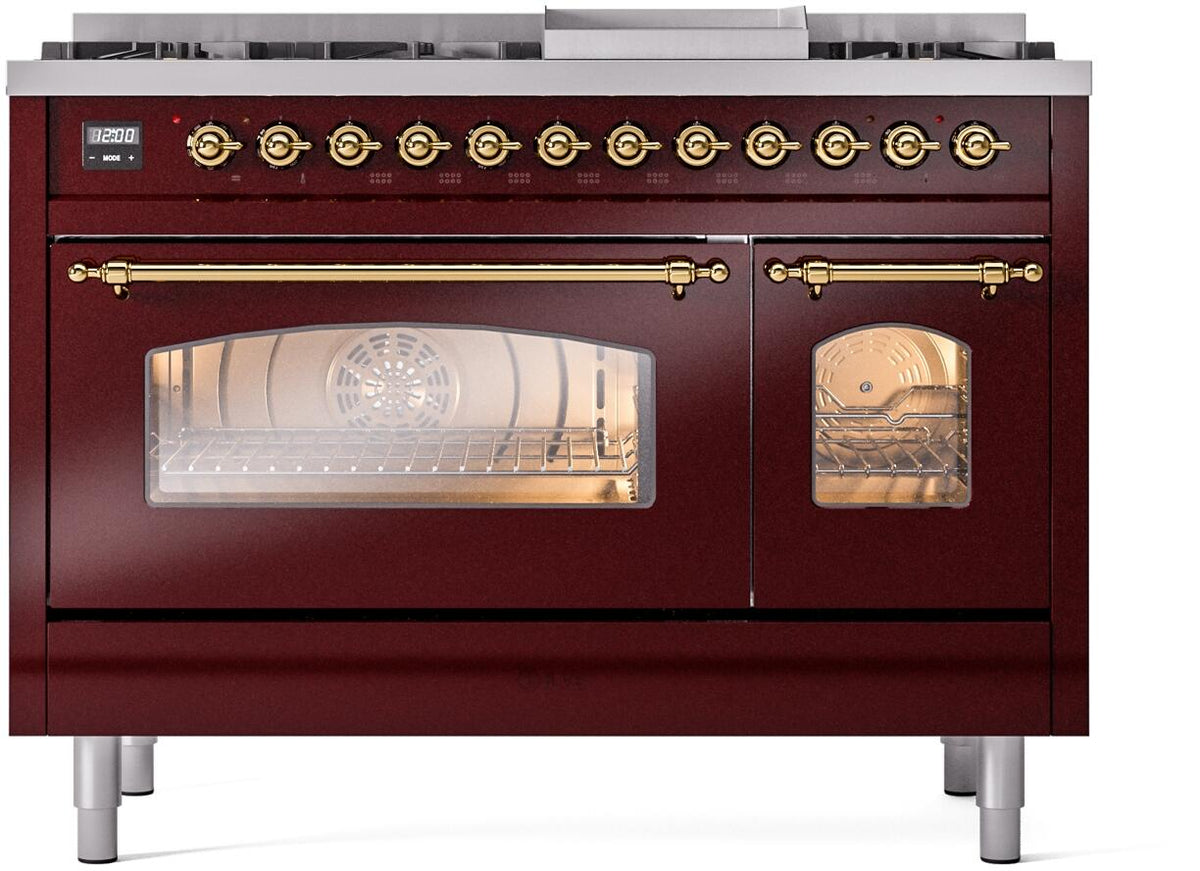Burgundy dual fuel freestanding range front with glass oven window and brass knobs