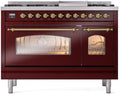 ILVE Nostalgie II 48-Inch Dual Fuel Freestanding Range in Burgundy with Brass Trim (UP48FNMPBUGLP)