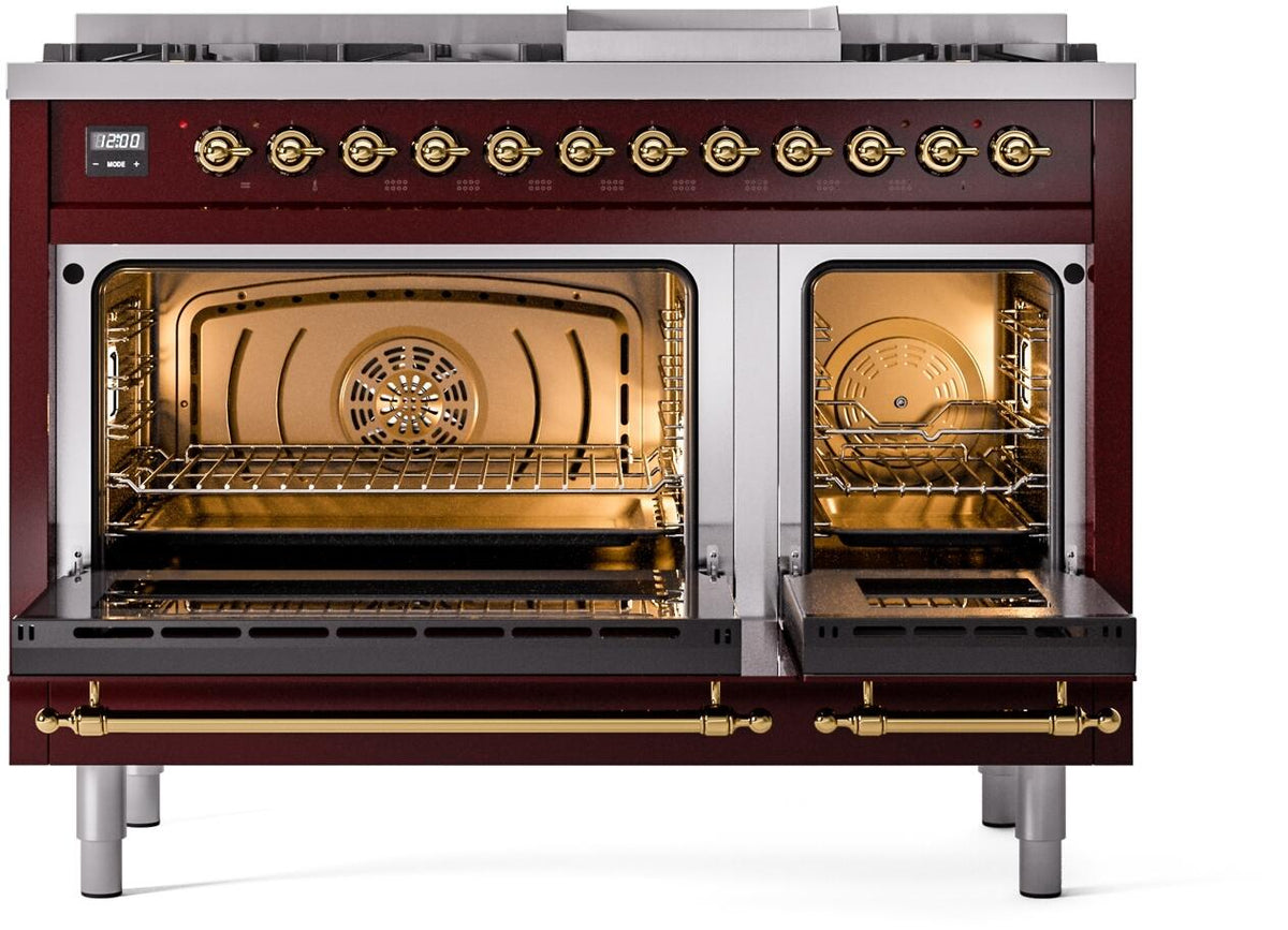 Burgundy dual fuel range with both ovens open, showing racks and interior lighting