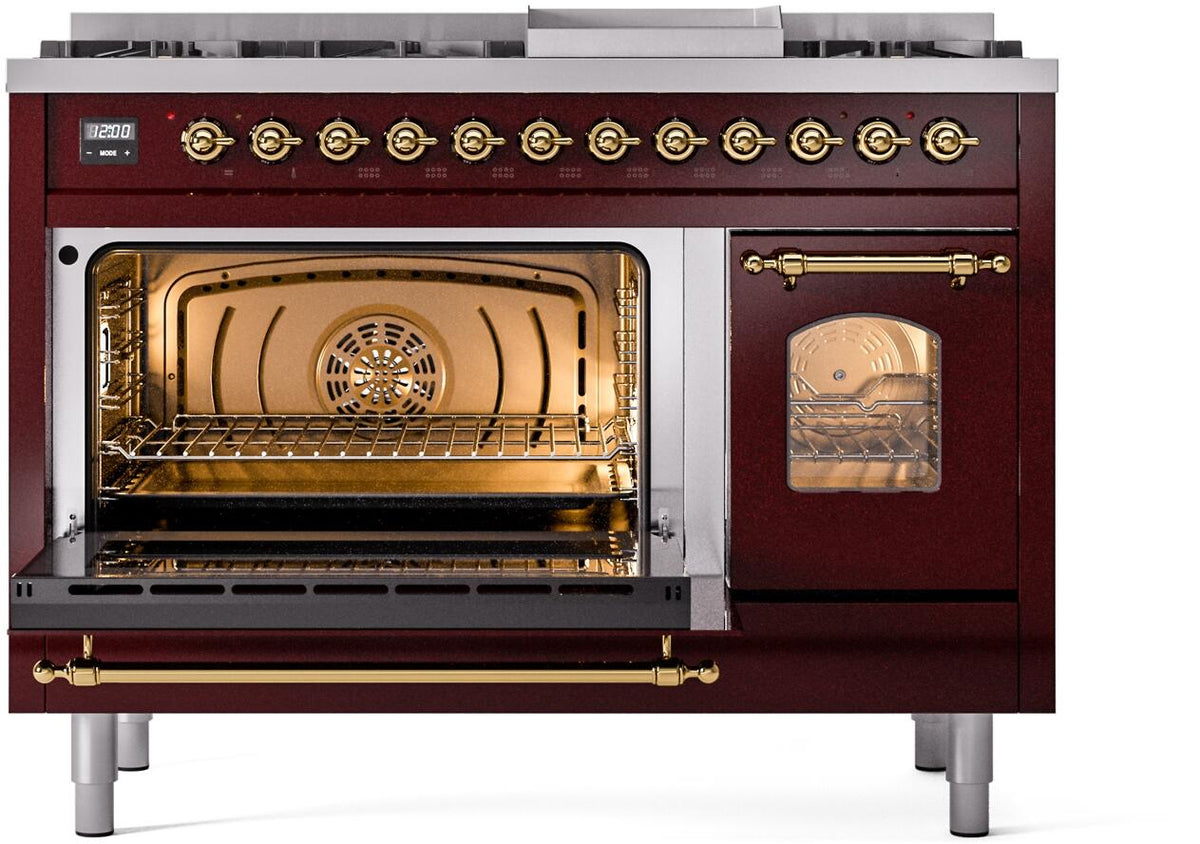 Burgundy dual fuel range with left oven open, right oven door closed, brass trim