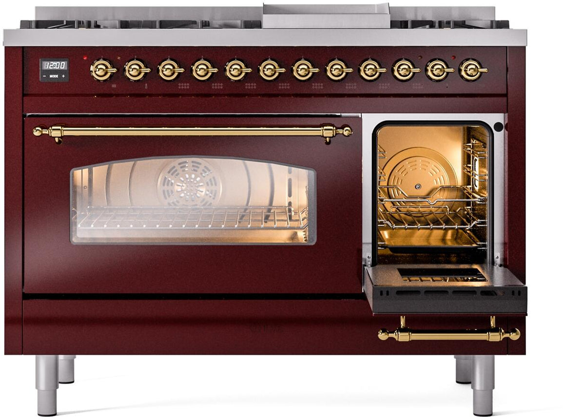 Burgundy dual fuel range front with right oven open and brass handle accents