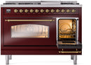ILVE Nostalgie II 48-Inch Freestanding Natural Gas Dual Fuel Range in Burgundy with Brass Trim (UP48FNMPBUG)