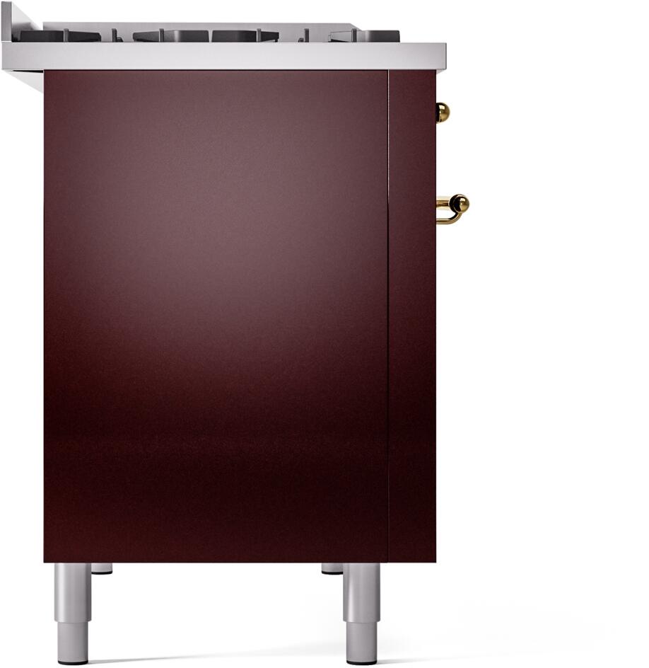 Burgundy freestanding range base with metal legs and brass side handle
